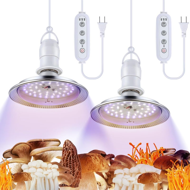 Meonum Mushroom Grow Light with 3/6/9 Hour Timer, 360° LED Hanging Grow Lights Bulb for Mushroom with 6.5ft Extension Cord, 6000K Blue&5000K White Lamp for Indoor Plants Growing Kit Supplies(2 Pack) - Image 1